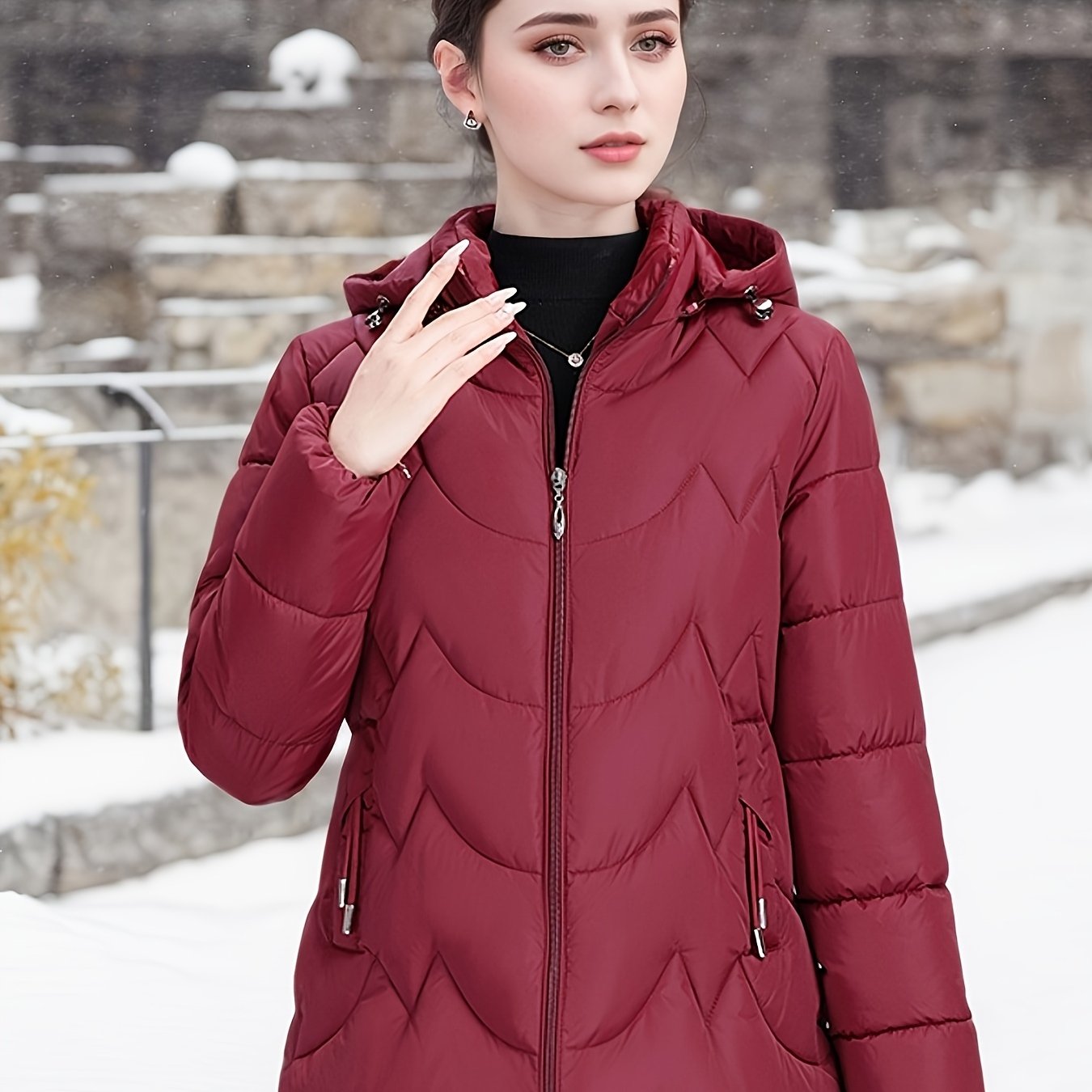 Women'S Elegant Black Winter Puffer Jacket - Long Sleeve, Zip-Up, Casual Style with Beaded Detail, Perfect for Snowy Days, Casual Winter Wear | Zippered Jacket | Functional Pockets