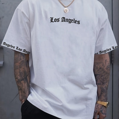 OBM Men's Casual Los Angeles Graphic Print T-Shirt - 100% Polyester Summer Short Sleeve Tee, Breathable Round Neck Regular Fit Machine Washable, Everyday Comfort, Bold Text Style, Smooth Texture