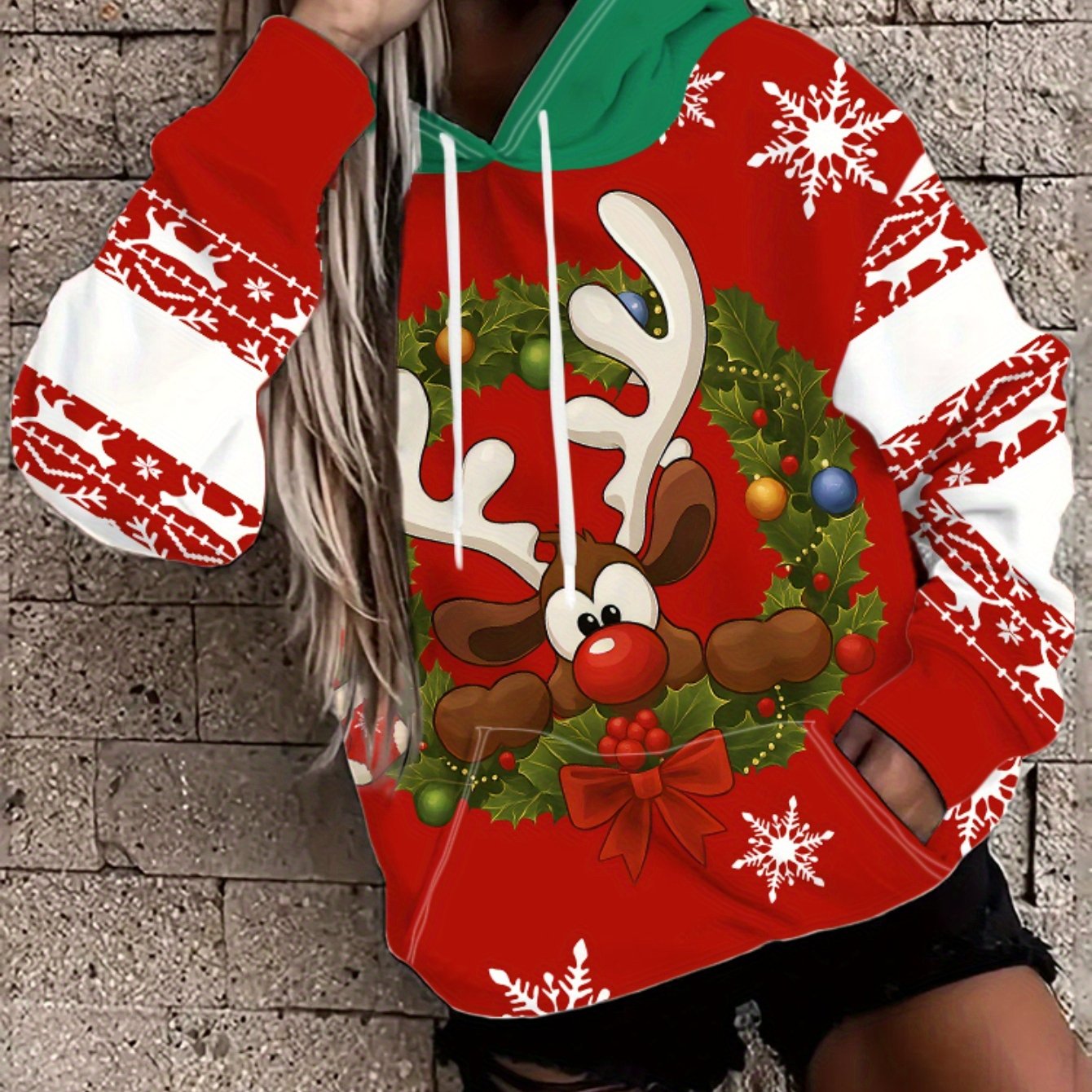 Women'S Christmas Hoodie - Red & White Holiday Sweater with Reindeer, Snowflakes - Cozy Winter Pullover for Christmas Party Outfit, Casual Casual Attire - Non-See-Through Fabric - Easy Care Hooded Sweater, Christmas Hoodie, F