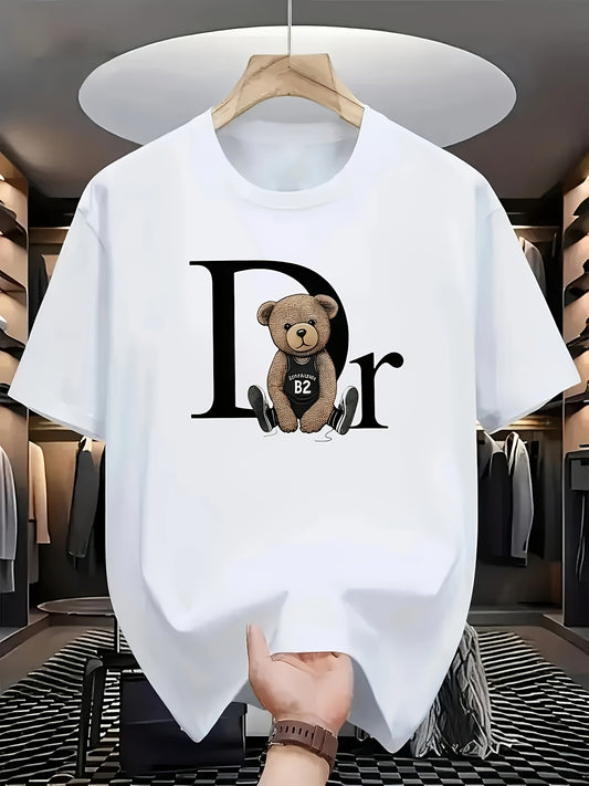 Men's Casual Short Sleeve T-Shirt with Playful DR  Teddy Bear Graphic Print - Lightweight Summer Round Neck Tee, Machine Washable Regular Fit for Casual Attire, Relaxed Style, Bold Design, Durable Construction, Printed Shirt