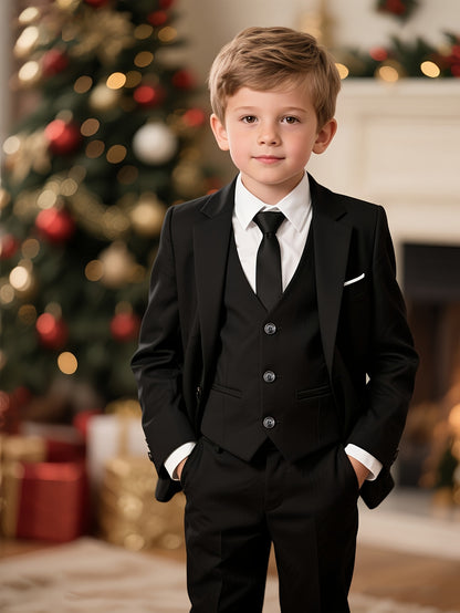 Boys' 4-Piece Black Suit Set with Jacket, Blazer, Trousers & Tie