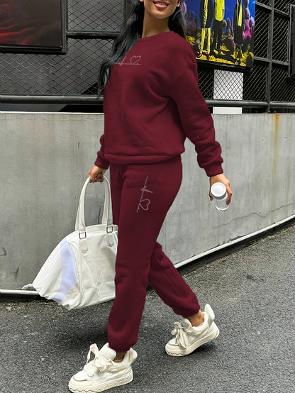 Women's Fleece Sweatsuit Set with Heart Print for Fall/Winter - ayq