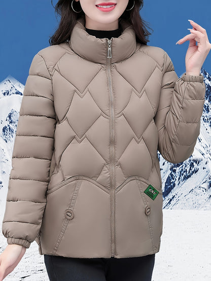 Plus Size - Women'S Stylish Red Quilted Jacket - Long Sleeve, Zip-Up Winter Coat with Pockets, Casual Polyester Outerwear for Cold Weather, Winter Jacket