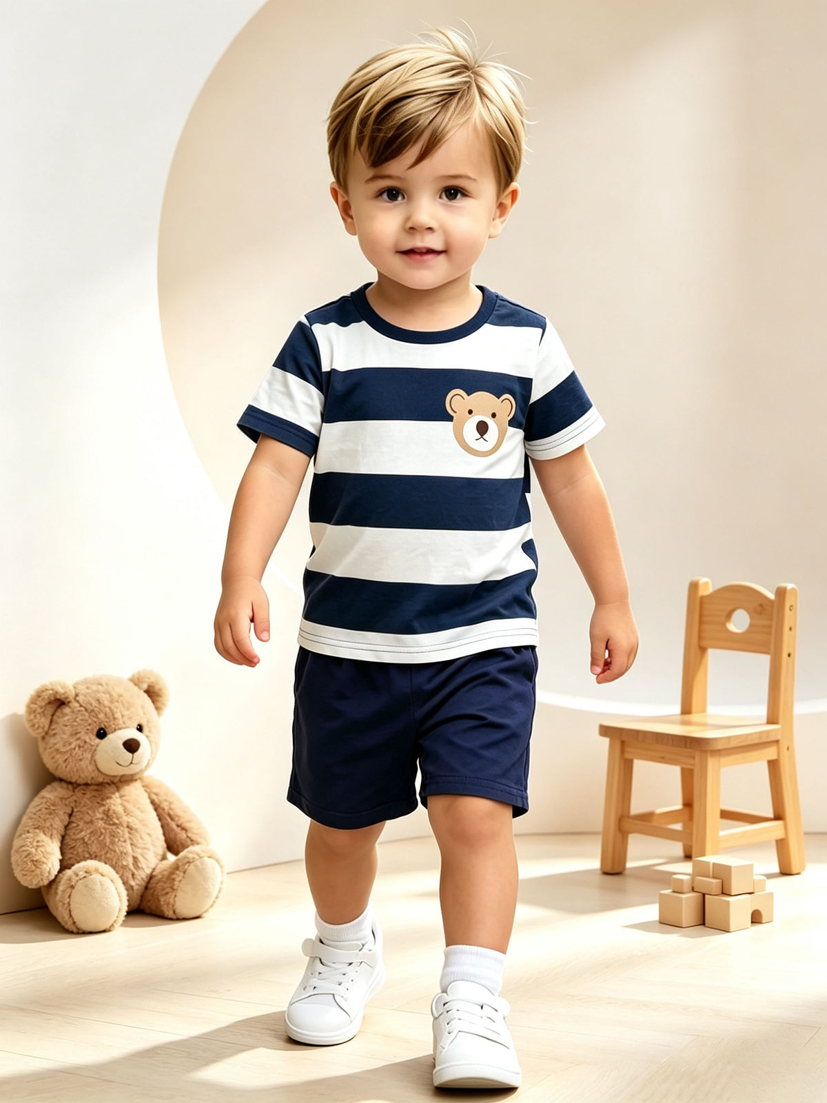 Boys Summer Casual Blue White Stripe Short Sleeve T-Shirt & Shorts Set - ayq