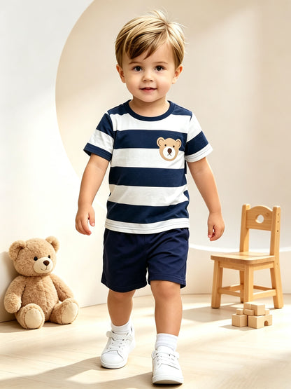 Boys Summer Casual Blue White Stripe Short Sleeve T-Shirt & Shorts Set - ayq