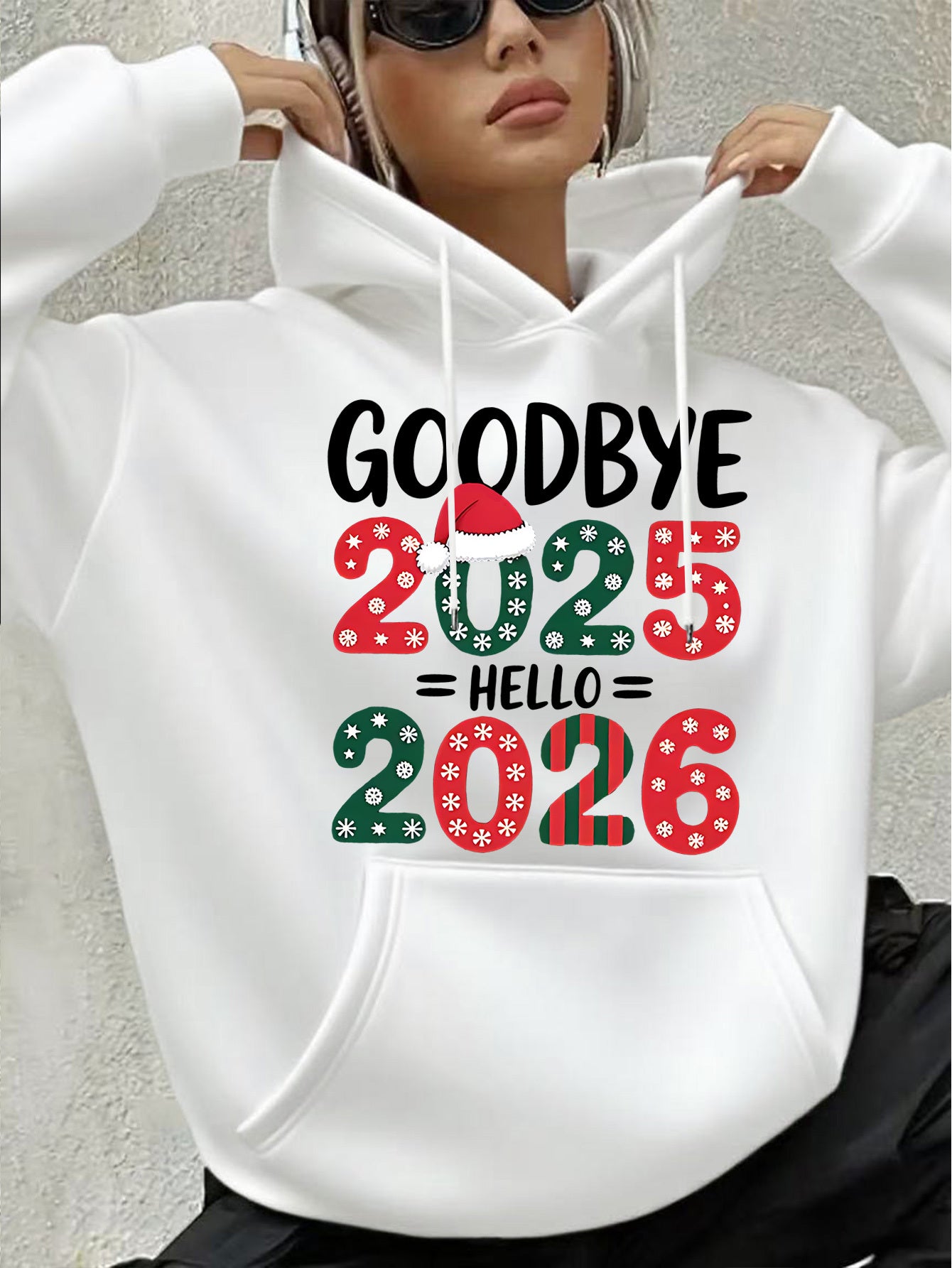 Women's White 2025 New Year & Christmas Hooded Sweatshirt - Goodbye 2024 2025 Print with Snowflakes & Candy Canes, Cozy Winter Pullover Hoodie, Relaxed Fit Casual Sweater for Holiday Parties & New Year's Eve Outfits