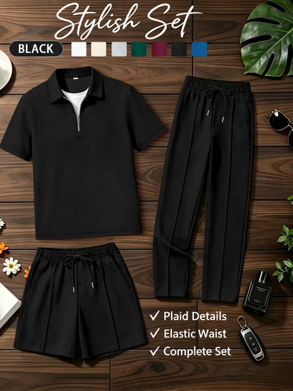 Men's Waffle Knit Quarter-Zip Polo & Drawstring Pants Set