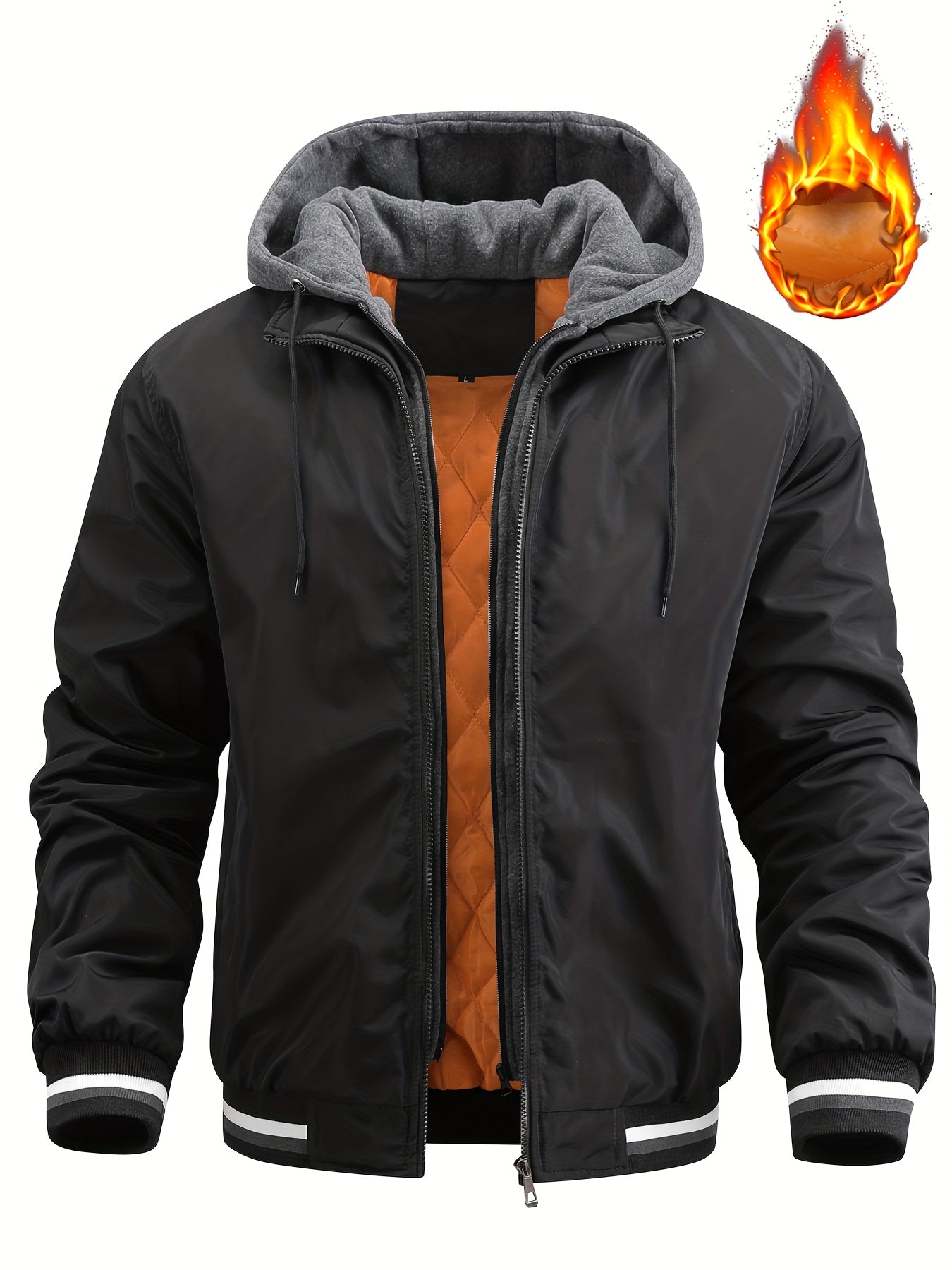Men'S Winter Jacket with Detachable Hood - Warm Fleece-Lined Zip-Up Coat, & Orange Contrast Design, Polyester Lining, Regular Fit for Cold Weather, Casual Outerwear, Durable Zipper Closure