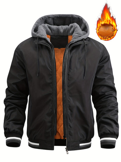 Men'S Winter Jacket with Detachable Hood - Warm Fleece-Lined Zip-Up Coat, & Orange Contrast Design, Polyester Lining, Regular Fit for Cold Weather, Casual Outerwear, Durable Zipper Closure