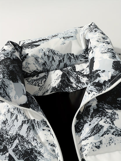 Men's Winter Mountain Camo Hooded Jacket with Insulating Polyester Fill - Stand Collar & Zippered Pockets, Machine Washable Outdoor Coat for Hiking, Camping, Casual Wear - White/Black/Gray (Regular Fit) by Ocean Muai Xing