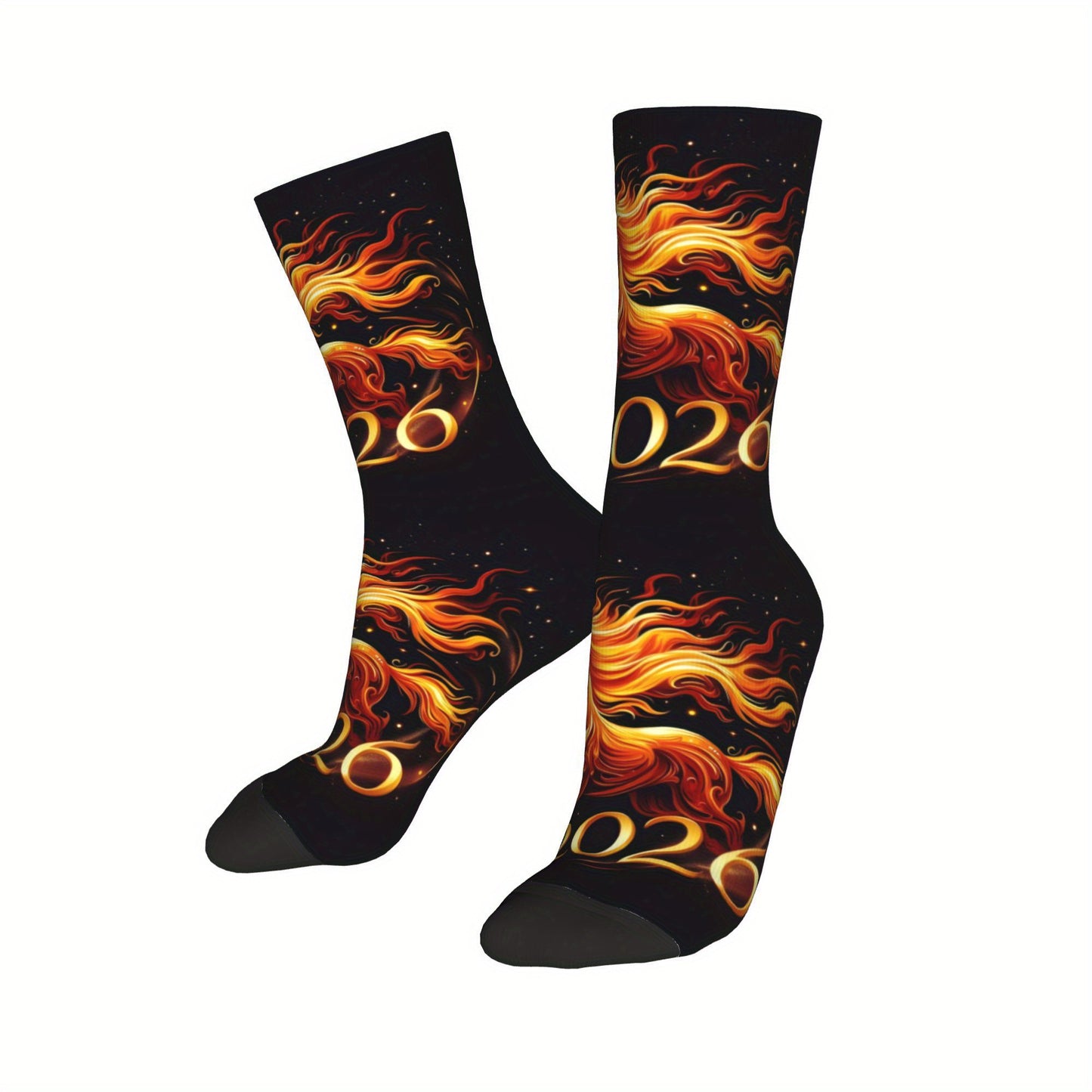 1pc Designed Socks sporty styles 2026 Year of the Horse Creative mid-calf socks geometric designs 3D digital print socks, cute socks for teens and adults ideal for daily wear, perfect for gift giving!