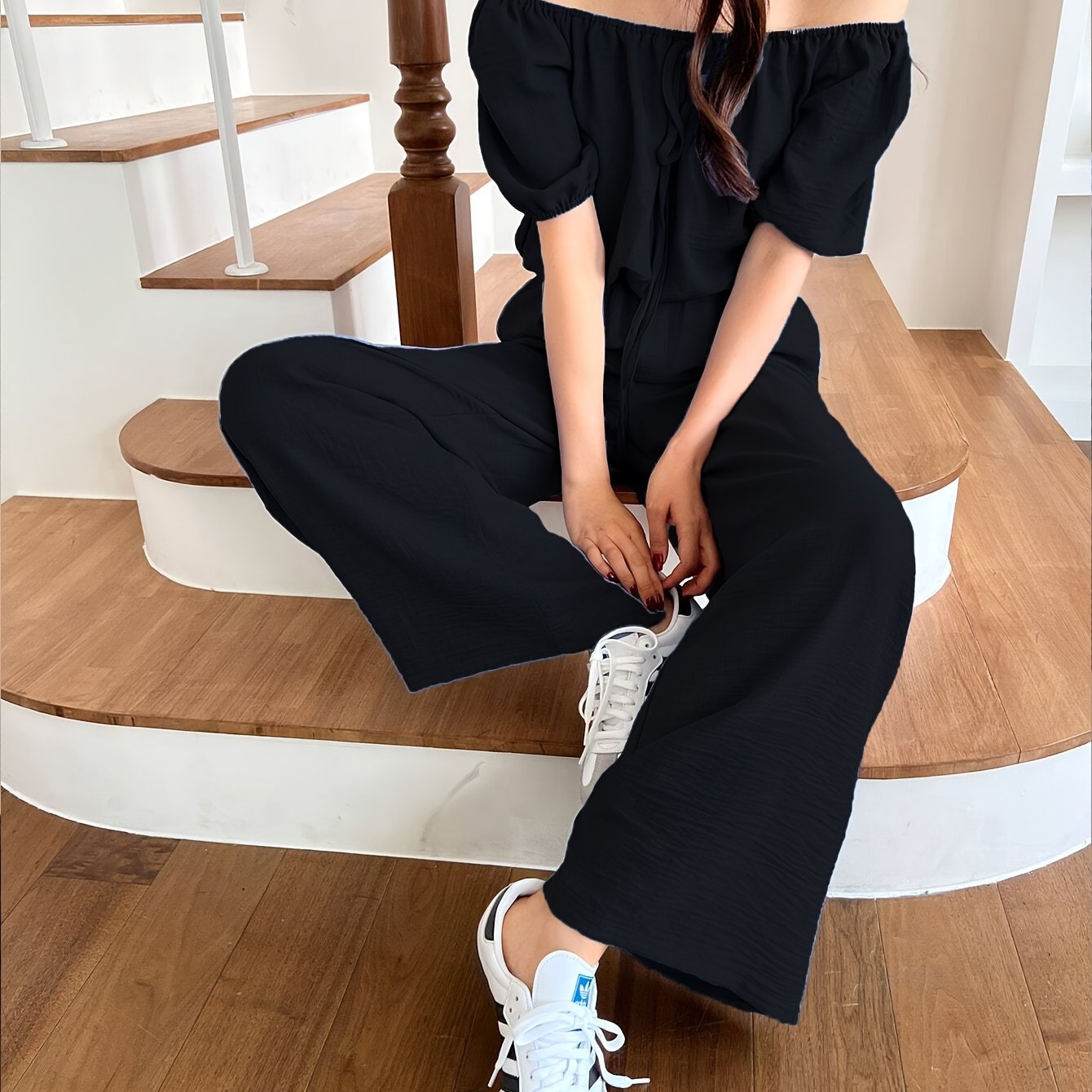 Women's Summer Solid Color Off-Shoulder Puff Sleeve Crop Top and Loose Wide-Leg Pants Two-Piece Set