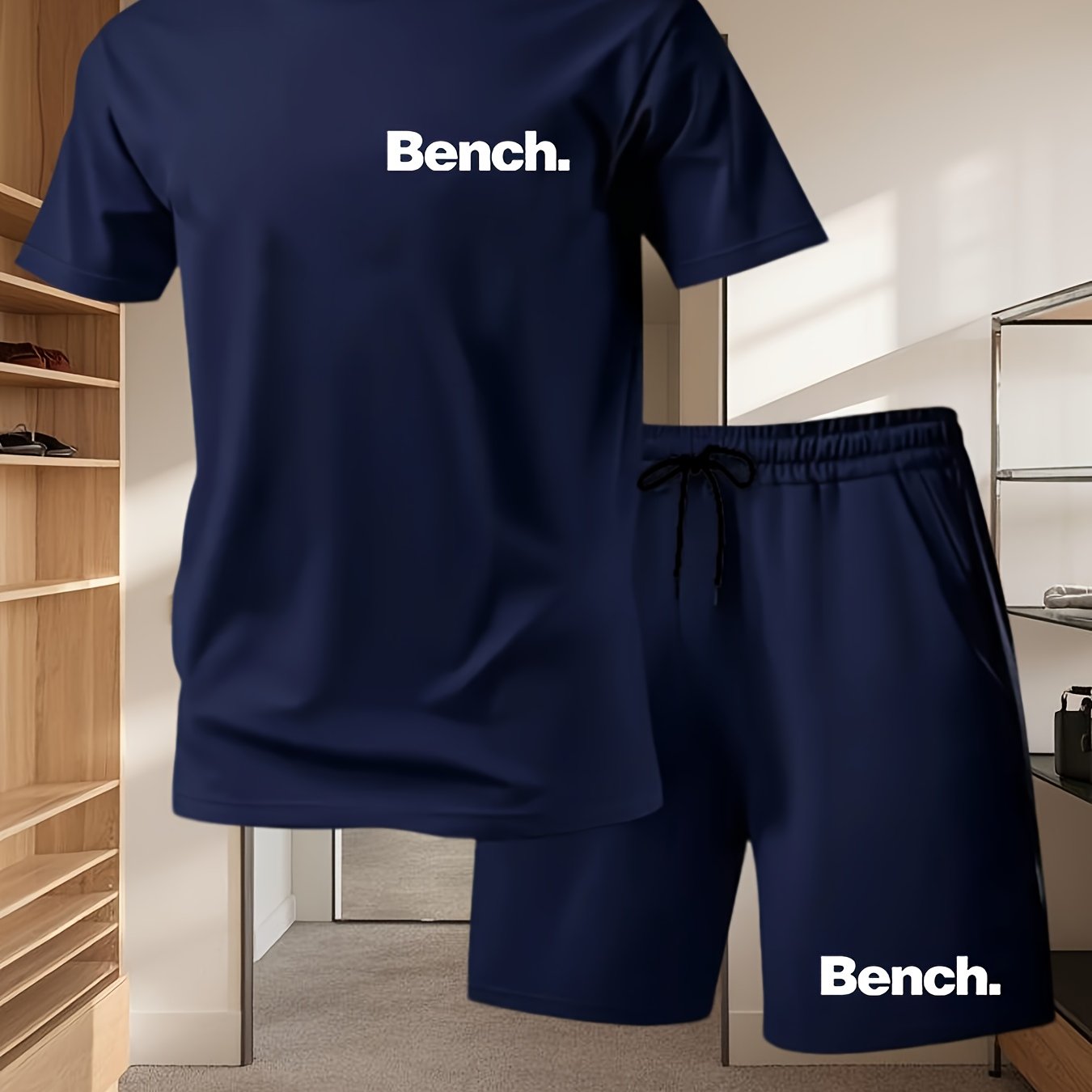 Summer Men'S Casual Sports Short Sleeve T-Shirt and Shorts Set, Comfortable Breathable, Suitable for Outdoor Jogging Running Fitness, Bench. Letter Print Design - 2pcs