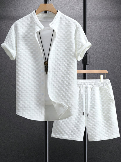 Men's Shirt and Shorts Set Solid Color Knit Casual Comfort High-Quality Short Two-Piece