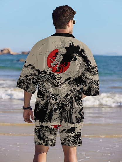 Men's Japanese Style Print Kimono Shorts Home Wear Casual Vacation Set