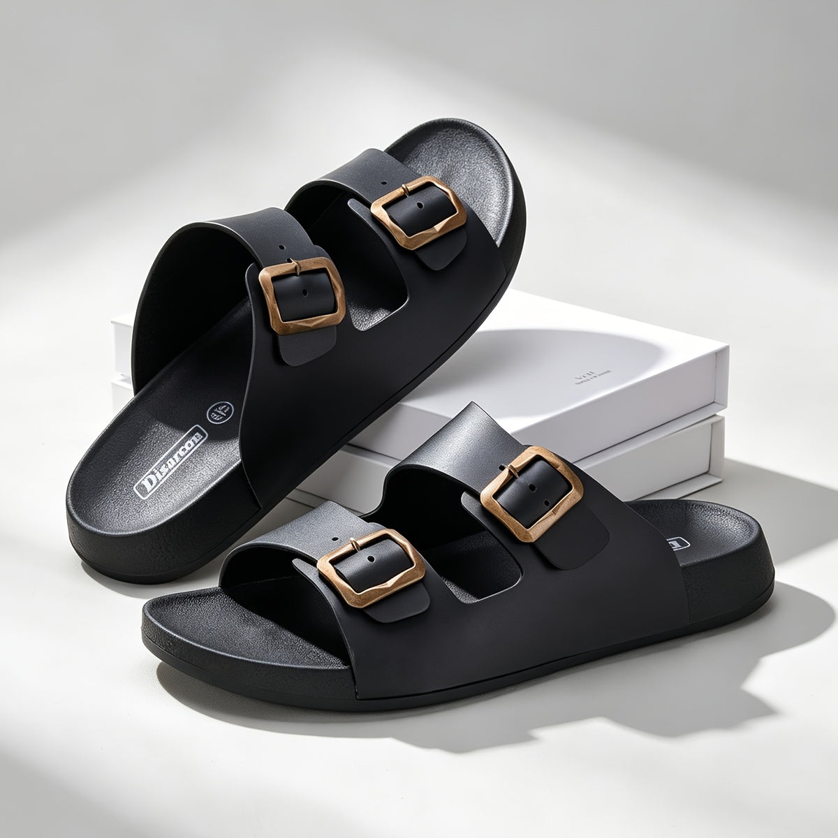 Unisex Retro Slide Sandals with Metal Buckle, Casual Double Strap