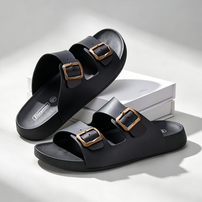 Unisex Retro Slide Sandals with Metal Buckle, Casual Double Strap