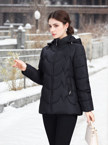 Women'S Elegant Black Winter Puffer Jacket - Long Sleeve, Zip-Up, Casual Style with Beaded Detail, Perfect for Snowy Days, Casual Winter Wear | Zippered Jacket | Functional Pockets