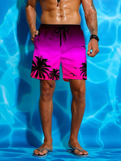 Men's Tropical Palm Tree Beach Swim Shorts with Drawstring Waist
