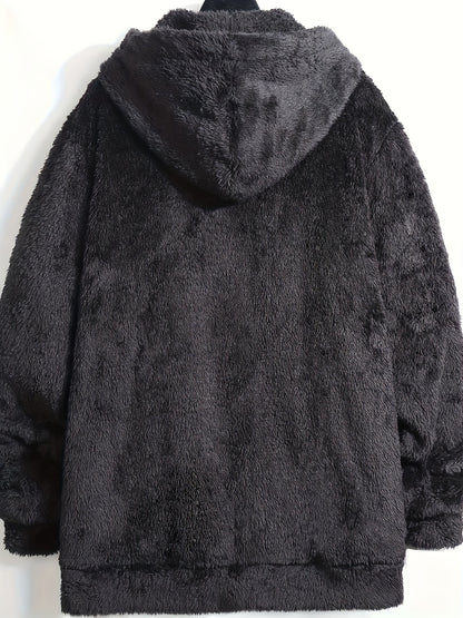 Casual Style] Men's "RELAX" Fleece Hoodie Jacket - Casual Dual-Sided Brown Teddy Coat with Zipper Closure, Long Sleeves for Fall/Winter, Casual Outerwear|Stylish Casualwear|Crafted Embroidery