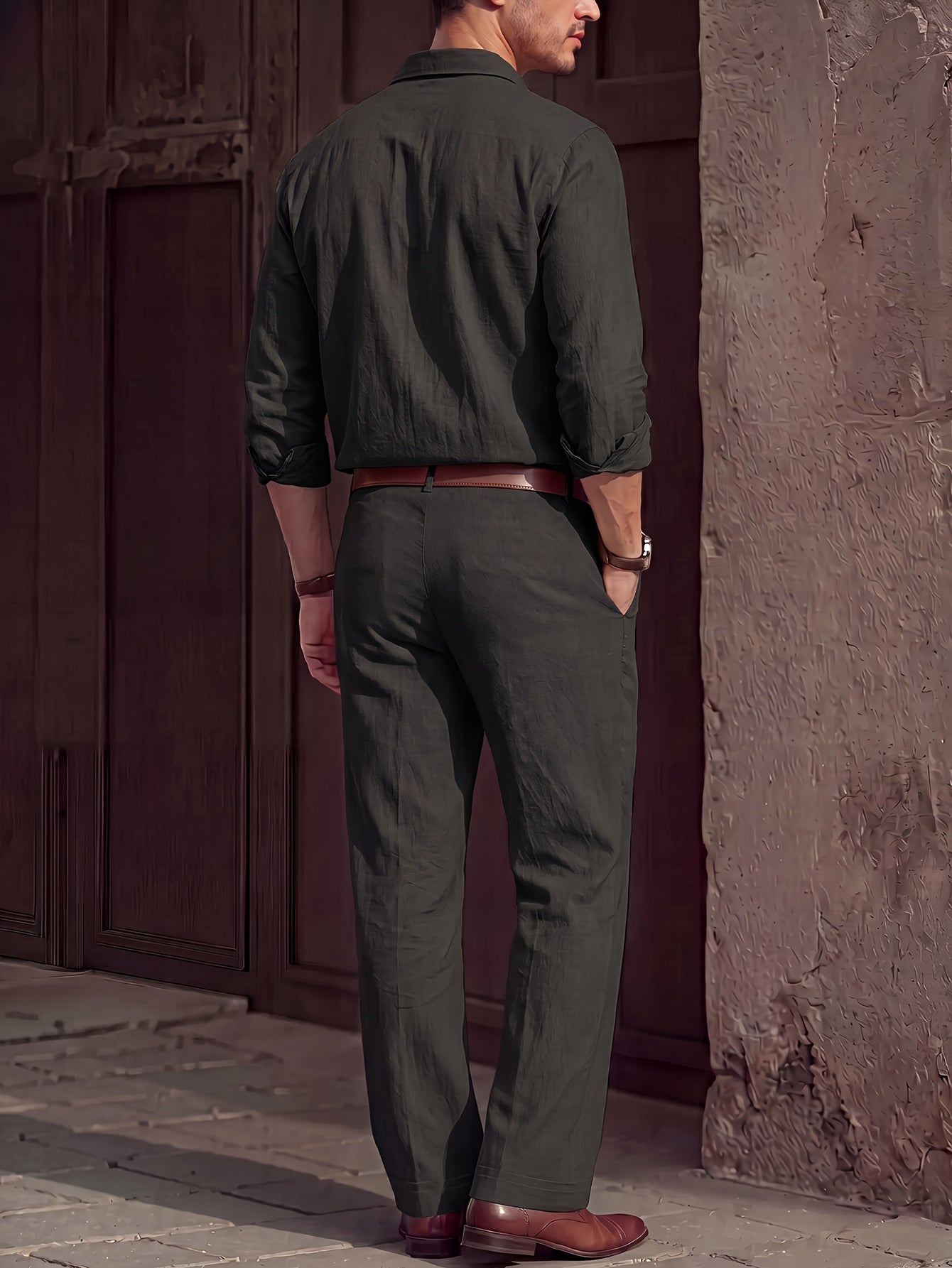 Men's Lightweight Linen Long-Sleeve Shirt & Pants Set for Spring/Fall