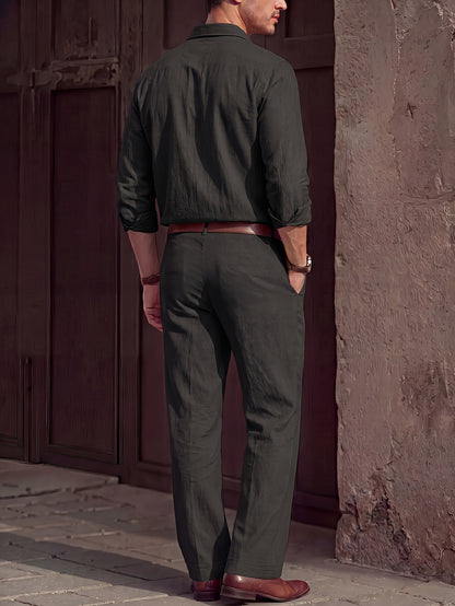 Men's Lightweight Linen Long-Sleeve Shirt & Pants Set for Spring/Fall
