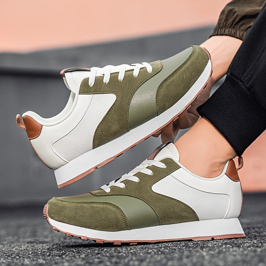Men'S Casual Sneakers - Flat Lace-Up Shoes with Thick Sole for Height Increase - Breathable All-Season Running Shoes, Olive Green & White, Perfect for Outdoor Activities, Hiking, and Daily Wear, Hiking Footwear | Stylish Lace - ayq