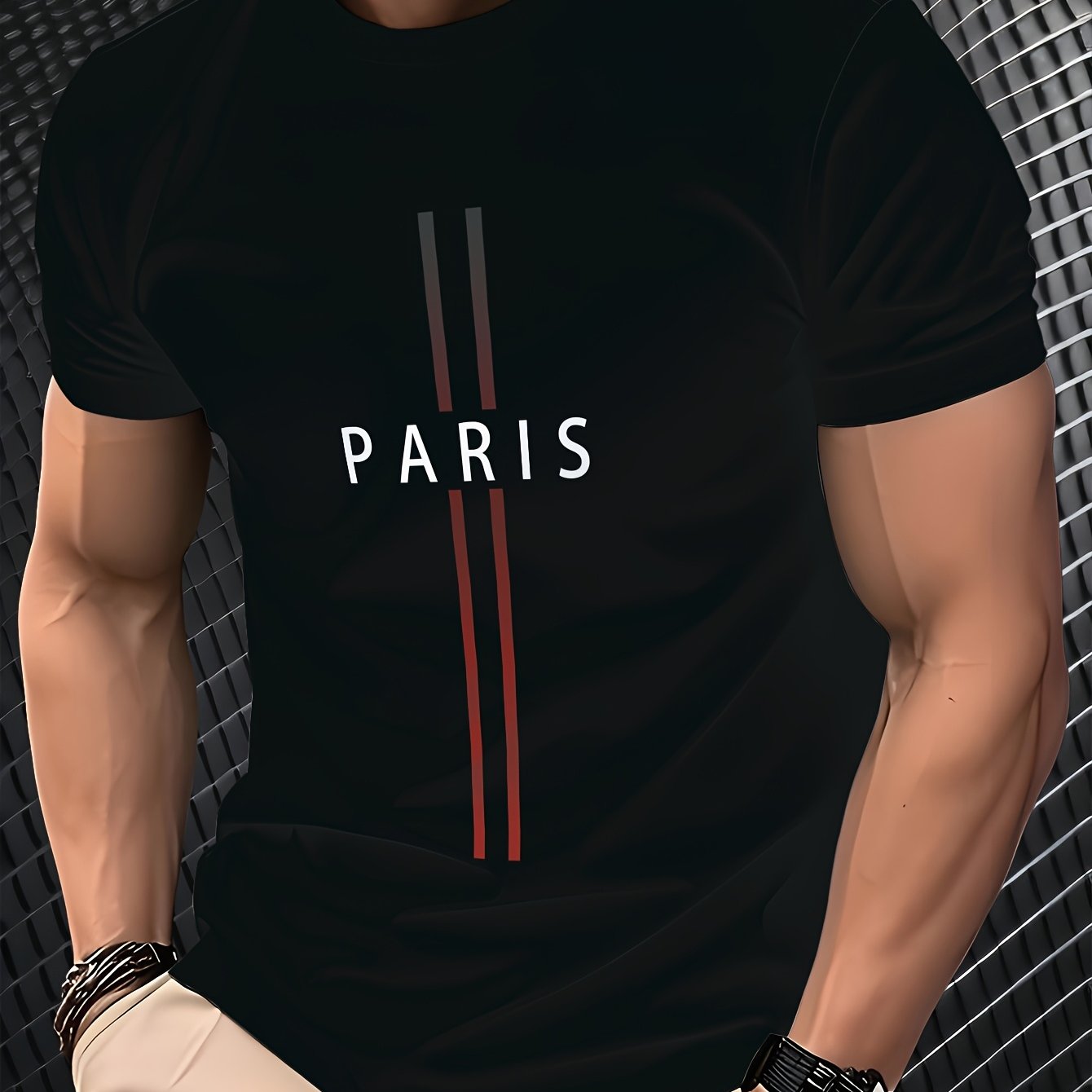 Men'S Paris Graphic Tee - Black Short Sleeve Crew Neck with Red  White Stripes, Casual Streetwear Style, Lightweight Polyester Blend, Machine Washable, Everyday Tshirt   Bold Graphic Tee   Glossy Texture