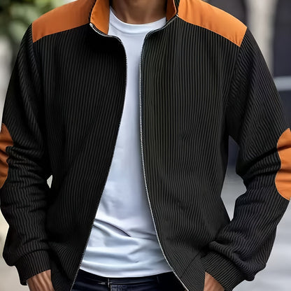 Men'S Long Sleeve Patchwork Fashion Warm Jacket, Corduroy Long Sleeve Warm Coat with Zipper Stand Collar Long Sleeve Casual Comfortable Autumn and Winter Style