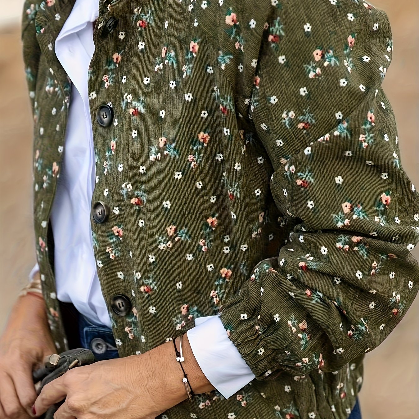 Women's Elegant Vintage Floral Print Pilot Jacket - Dark Green/Black/Brown/Gray/Beige with White/Red/Brown Flowers, Structured Collar & Chest Pockets, Machine Washable Spring/Fall Outerwear, Casual to Formal Events, Retro Sty