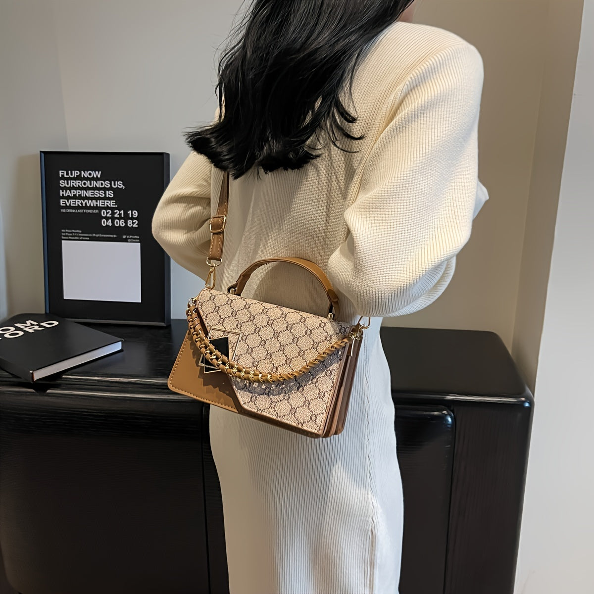 LABOONOO Geometric Chain-Link Handle Small Square Handbag - Handbag with Adjustable Strap, Zipper Closure & Polyester Lining, Deep Brown/Grey/White for Casual & Formal Occasions, Small Handbag, Versatile Purse, Decorative Cha