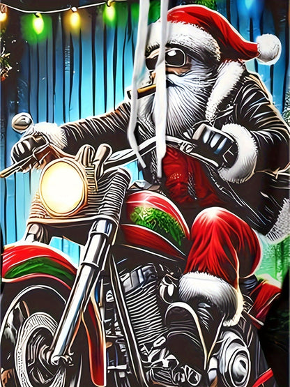 Plus Size Men'S Festive Santa Claus Motorcycle Hoodie - Long Sleeve, Casual Pullover with Drawstring and Kangaroo Pocket, Polyester, Machine Washable - Perfect for Autumn and Winter Street Style | Christmas Claus Motor Print