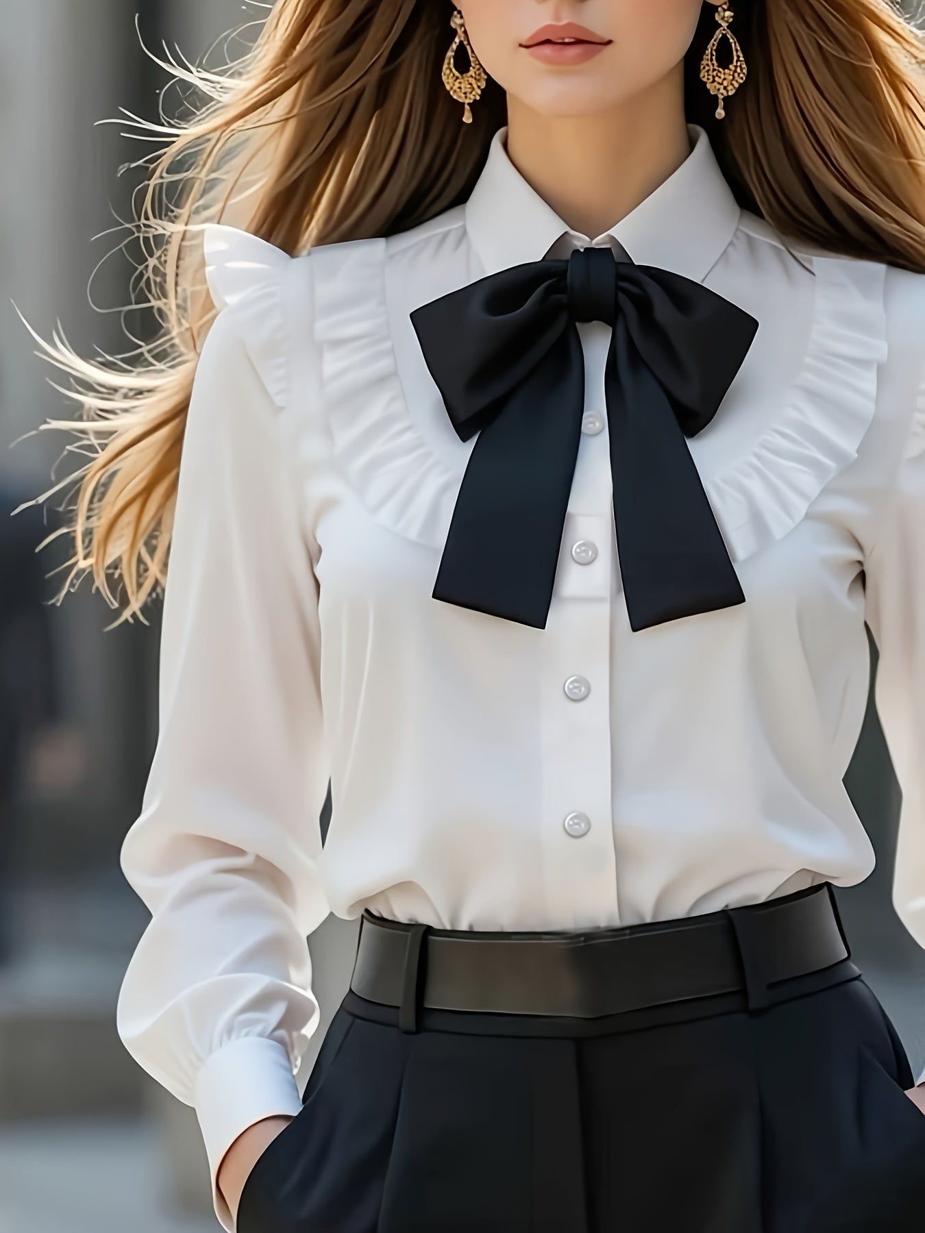 Elegant Women's Bow Blouse with Ruffle Trim, Long Sleeve Work Shirt