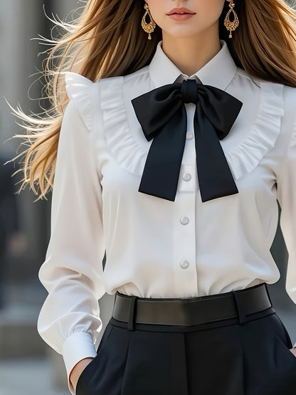 Elegant Women's Bow Blouse with Ruffle Trim, Long Sleeve Work Shirt