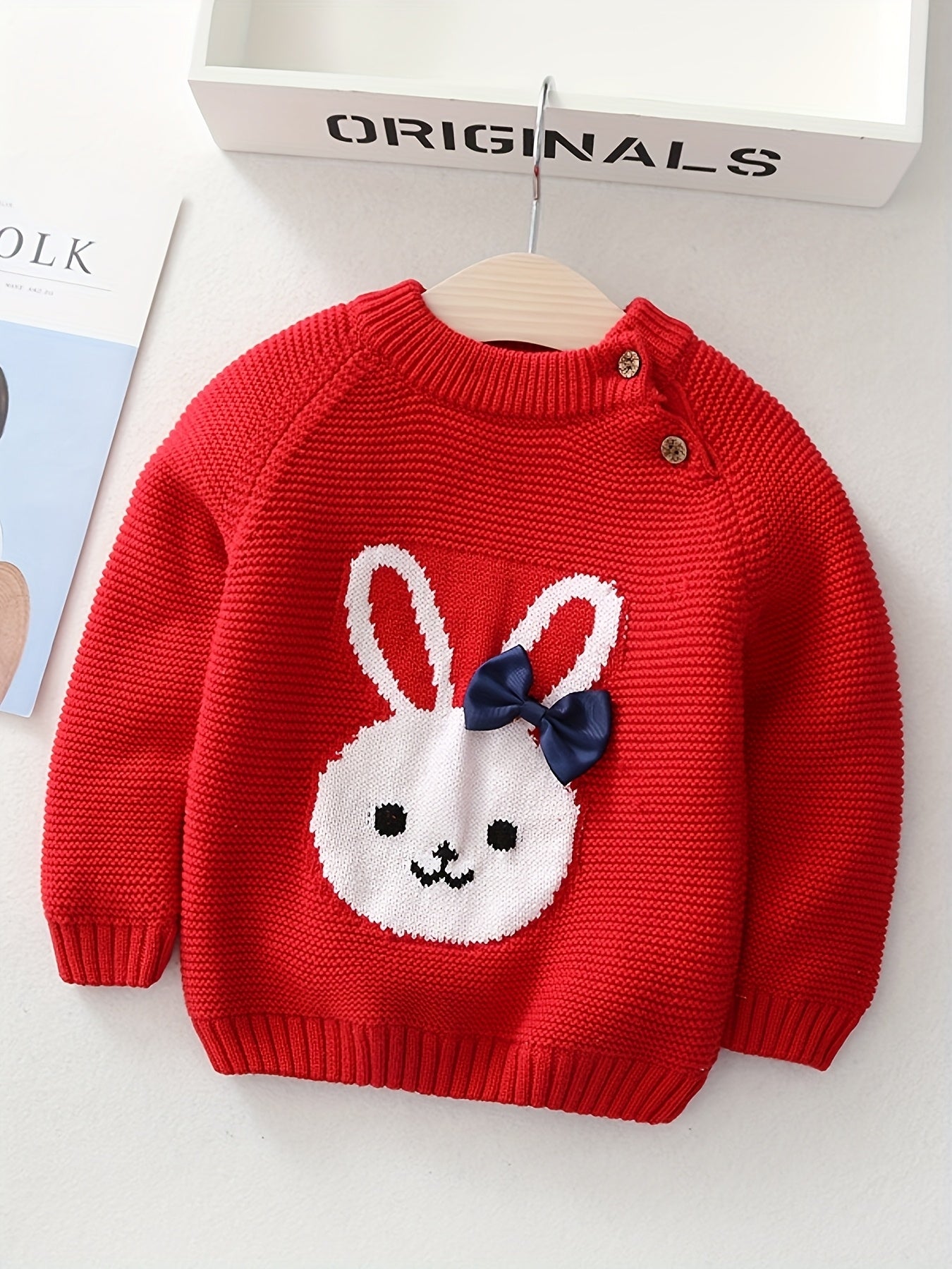 Girls' Knit Bunny Pullover Sweater with Bow - Warm Winter Cotton