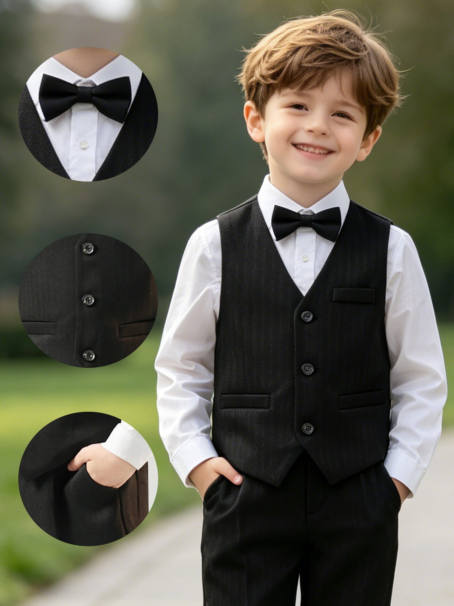 Boys' Party Vest Set with Pants & Bow Tie - Polyester Blend