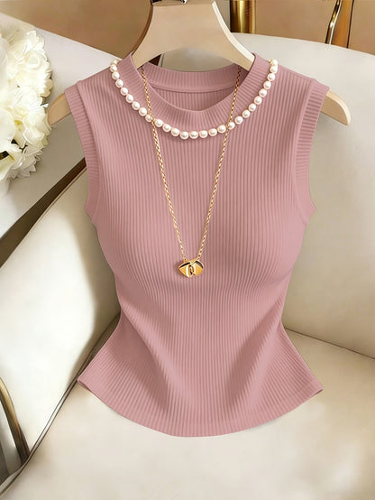 Women’s Elegant Pearl-Embellished Sleeveless Slim-Fit Top