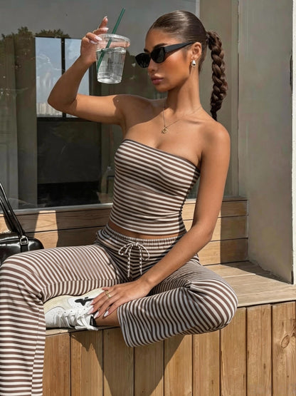 Elegant Women's Casual Color-Block Striped Two-Piece Set