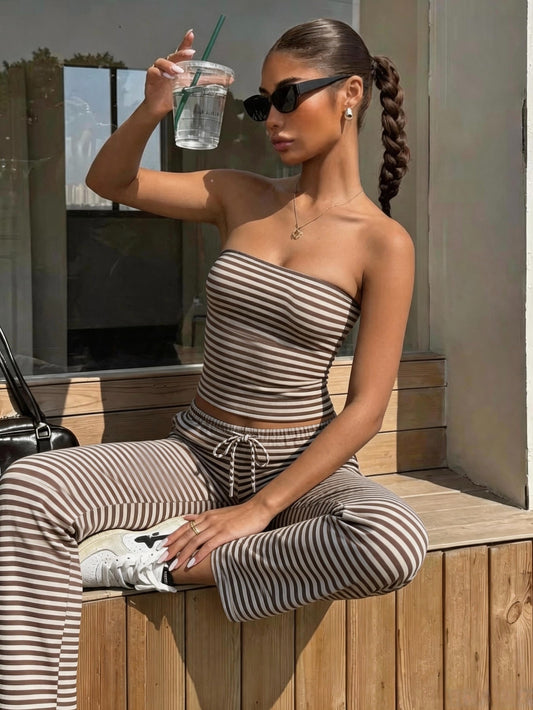 Elegant Women's Casual Color-Block Striped Two-Piece Set