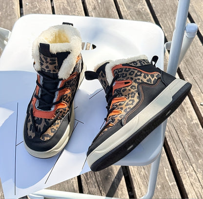 Women'S Stylish Leopard Print Winter Sneakers - Warm Fleece-Lined Casual Shoes with Thick PVC Sole, Black & Orange Design, Perfect for Fall/Winter Outdoor Activities, Winter Sneakers | Leopard Print Shoes | Durable PVC Sole