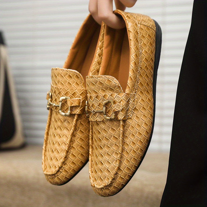 Men's Slip-On Loafers - Black  Tan Casual Shoes with Golden-Tone Metal Accents, Round Toe Comfort, All-Season Versatile for Office  Social Events, Casual Attire, Elegant Style, Premium Material, Modern Gentlemen