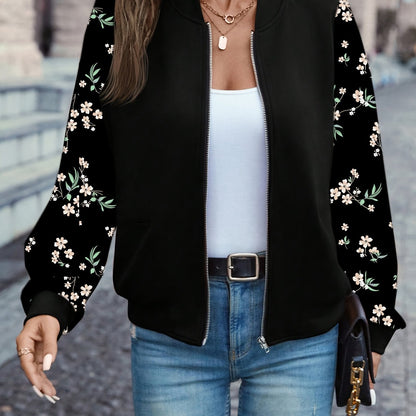 Women's Elegant Black Floral Print Full-Zip Jacket with Puffed Sleeve & Stand Collar - Full-Length Coat for Fall, Office, Shopping, Casual Outfits - Machine Washable Structured Outerwear with Full-Length Zipper Closure & Ruff