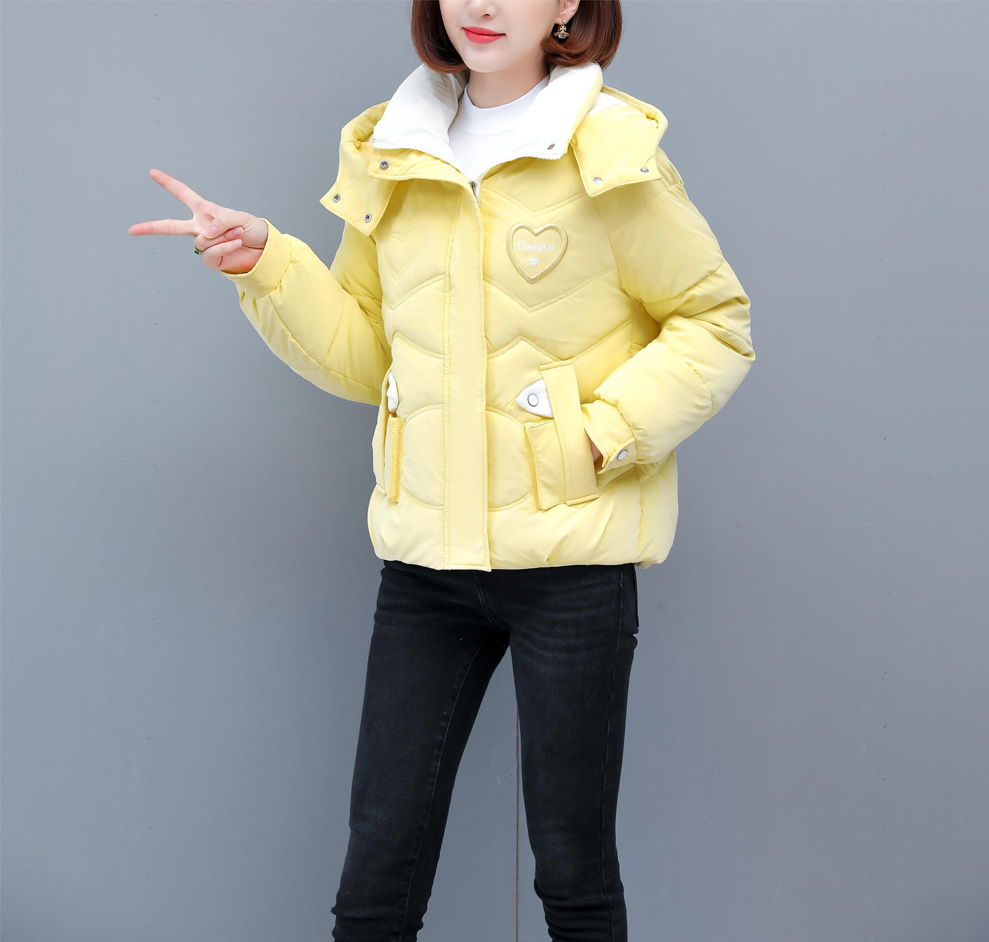 Women's Winter Hooded Jacket - Stylish Beige & White Zip-Up Coat with Heart Design, Warm Polyester Outerwear for Casual or Chic Looks, Winter Jacket