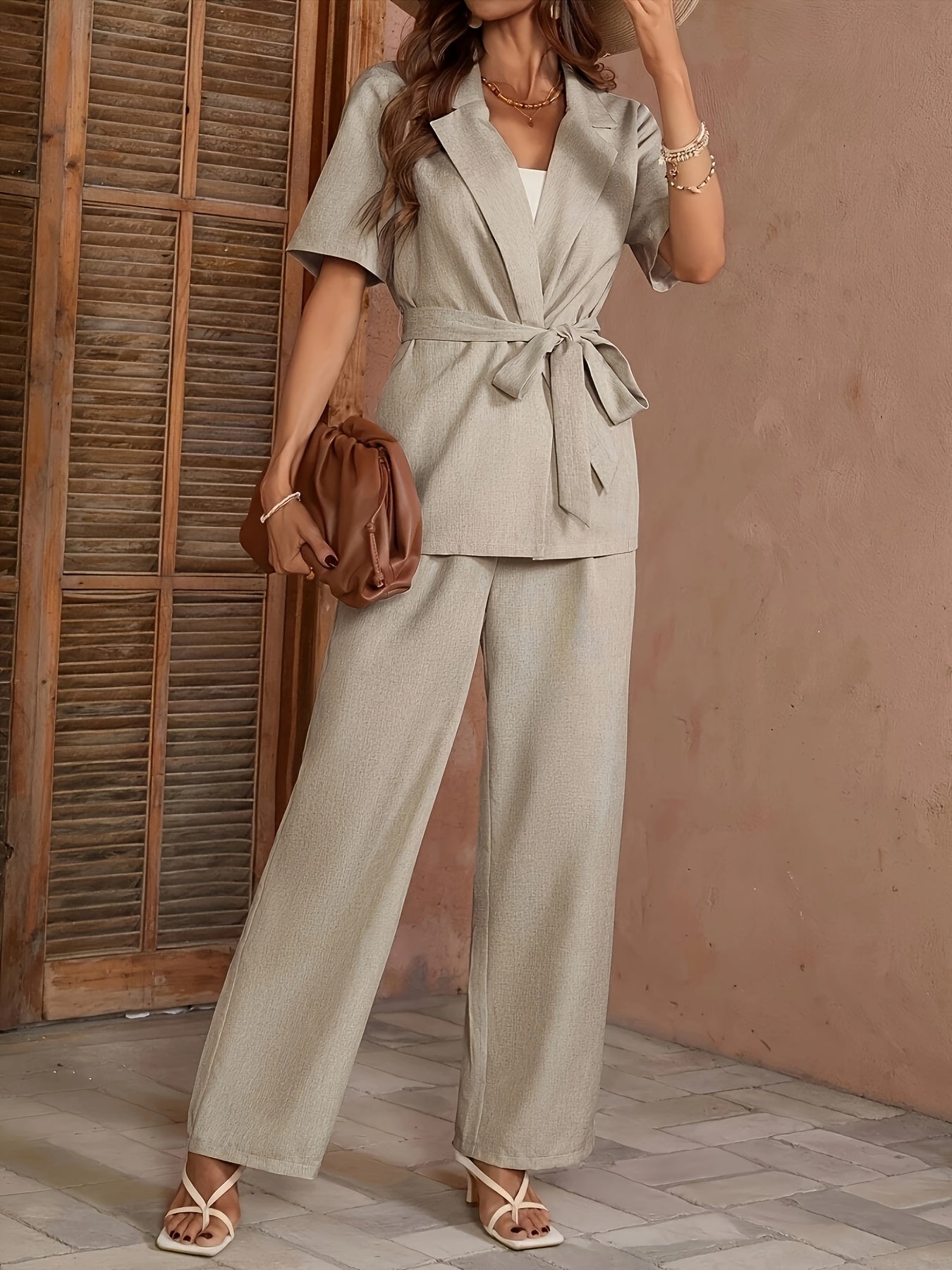 Women'S Elegant Short Sleeve Open Front Blazer with Belt - Beige, Two-Piece Set, Polyester, Spring/Summer, Casual Attire, Casual Attire|Sleek Blazer|Polyester Fabric