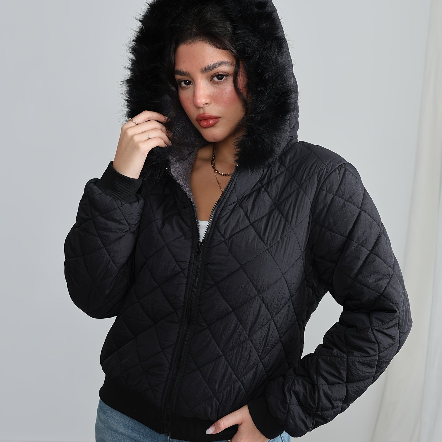 Women'S Cozy Fleece-Lined Hooded Jacket - Casual Long Sleeve, Solid Color, Regular Fit, Long Sleeve, Zip-Up, Casual Style, Casual Outerwear, Winter Jacket