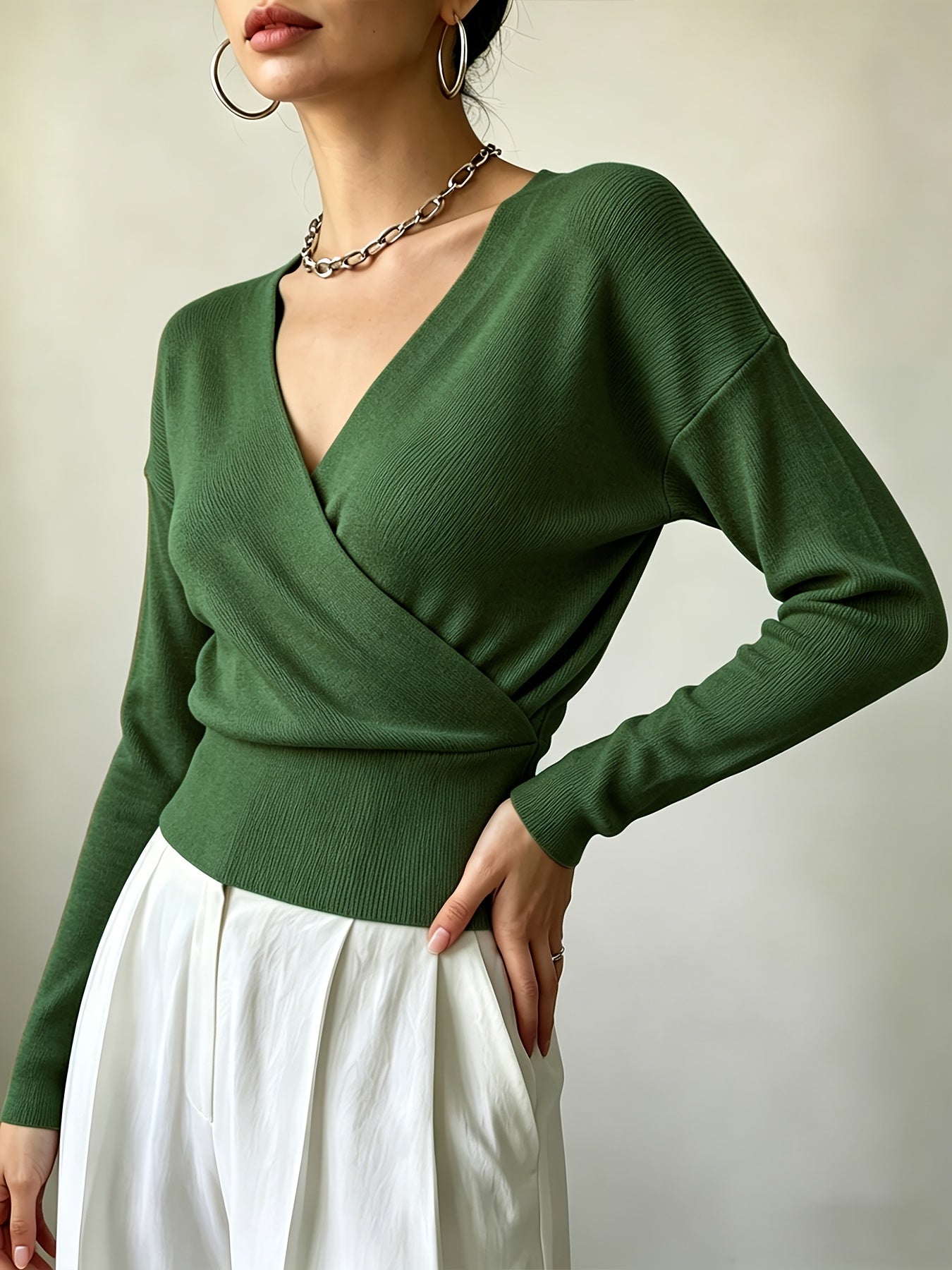 Women's Elegant Cross-Collar V-Neck Pullover Knitwear for Fall/Winter