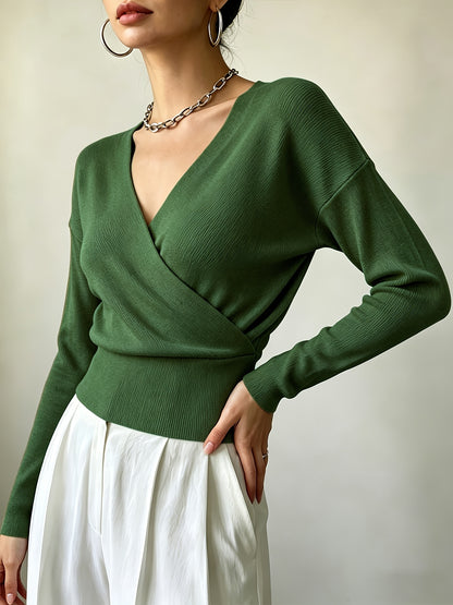 Women's Elegant Cross-Collar V-Neck Pullover Knitwear for Fall/Winter