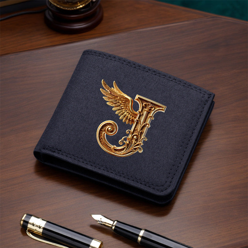 1pc Men's Short Canvas Initial Name Wallet, Zippered Denim Wallet for Men, Plain Ultra-Thin Letter Wallet for Men