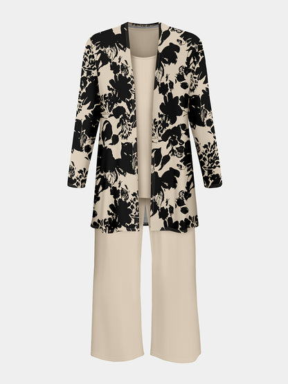 Plus Size, A three-piece set of elegant and unique female plus-size floral printed top and solid-colored vest and trousers