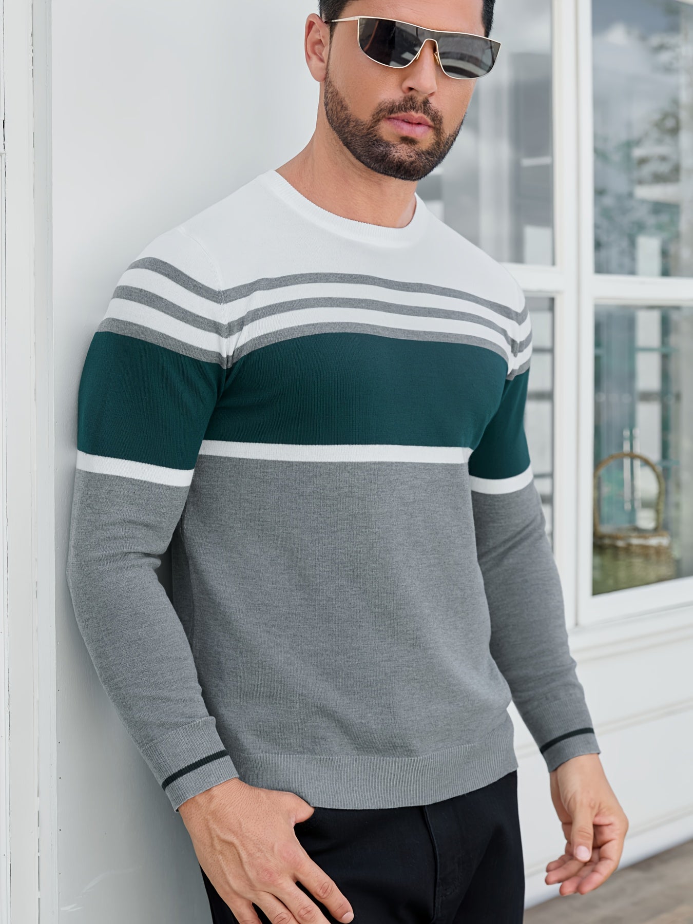 Men's Casual Comfort Knit Sweater, New Spring/Autumn Round Neck Base Layer Three-Stripe Contrast Color Pullover